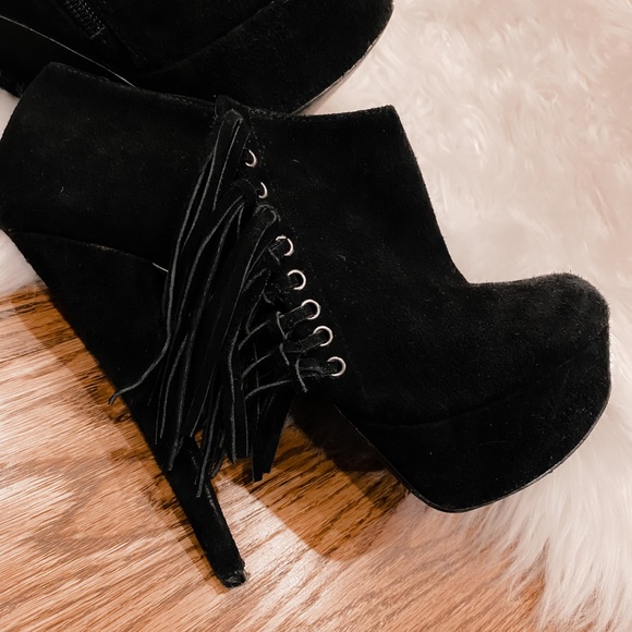 BEBE Black Suede Platform Fringe Ankle Booties 8 - Picture 11 of 16